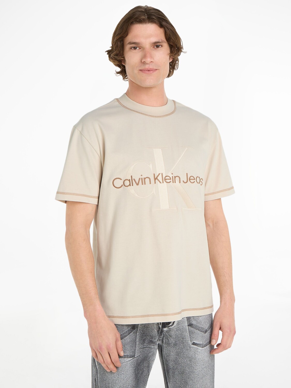 

Джинсовая футболка с монологом Calvin Klein, слоновая кость, Бежевый