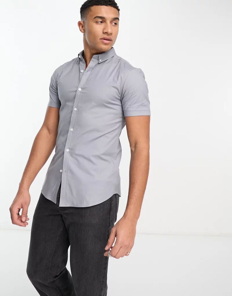Светло-серая оксфордская рубашка с короткими рукавами New Look