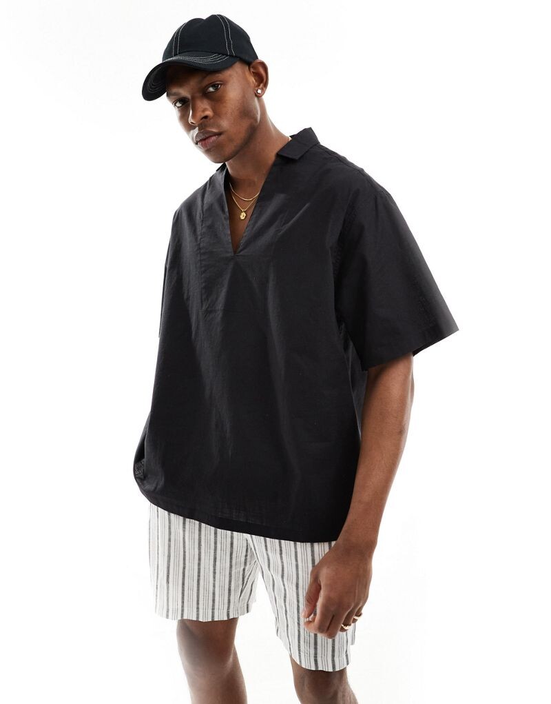 

Черная оверсайз-рубашка из смесового льна с короткими рукавами ASOS DESIGN