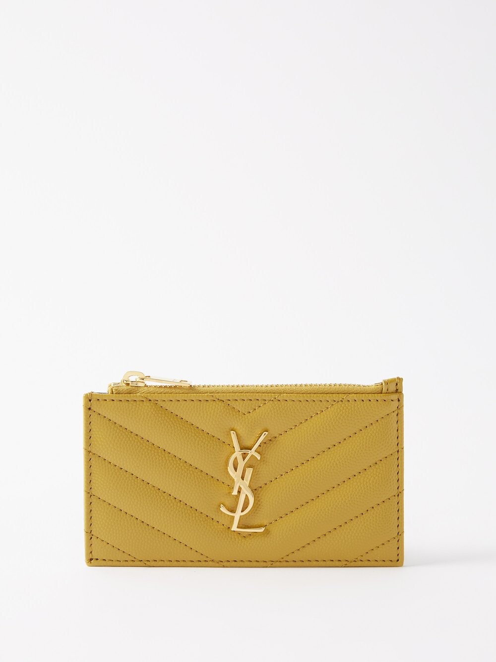 

Стеганый кожаный картхолдер на молнии с пластинкой ysl Saint Laurent, золото