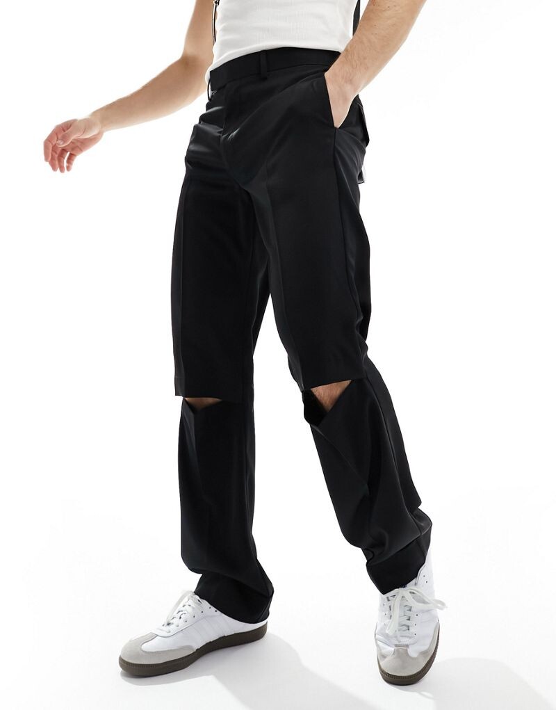 

Черные прямые атласные брюки с разрезами на коленях ASOS DESIGN