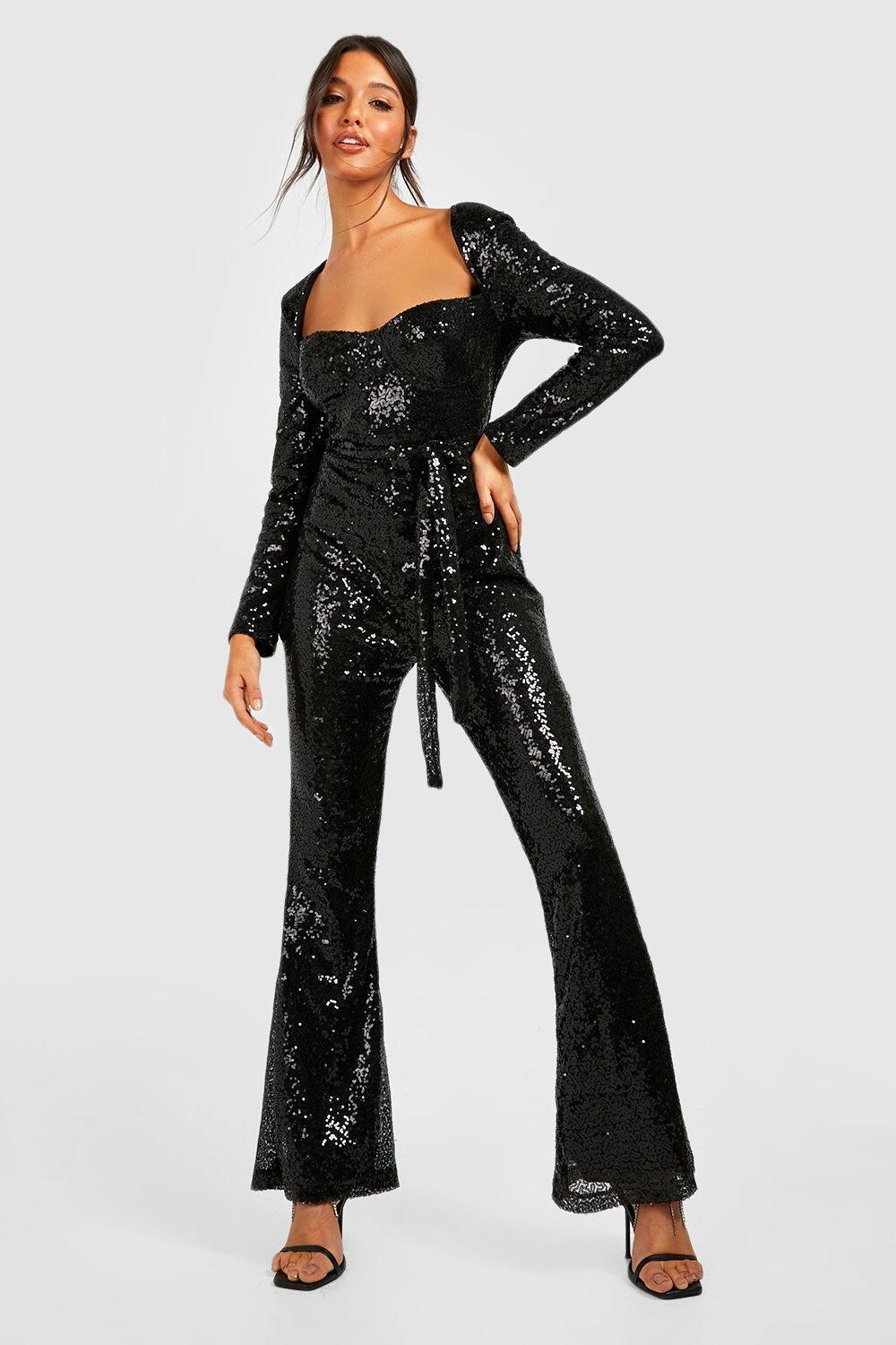 

Комбинезон с пайетками и поясом Boohoo, черный