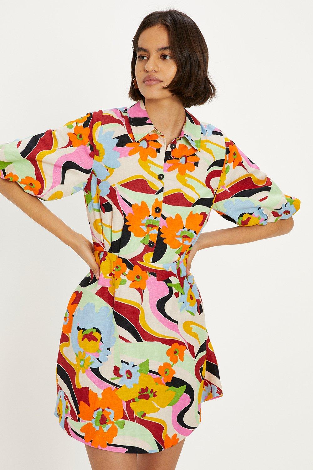 Мини-платье-рубашка из льняного микса с цветочным принтом и пышными рукавами Oasis, мультиколор цена и фото