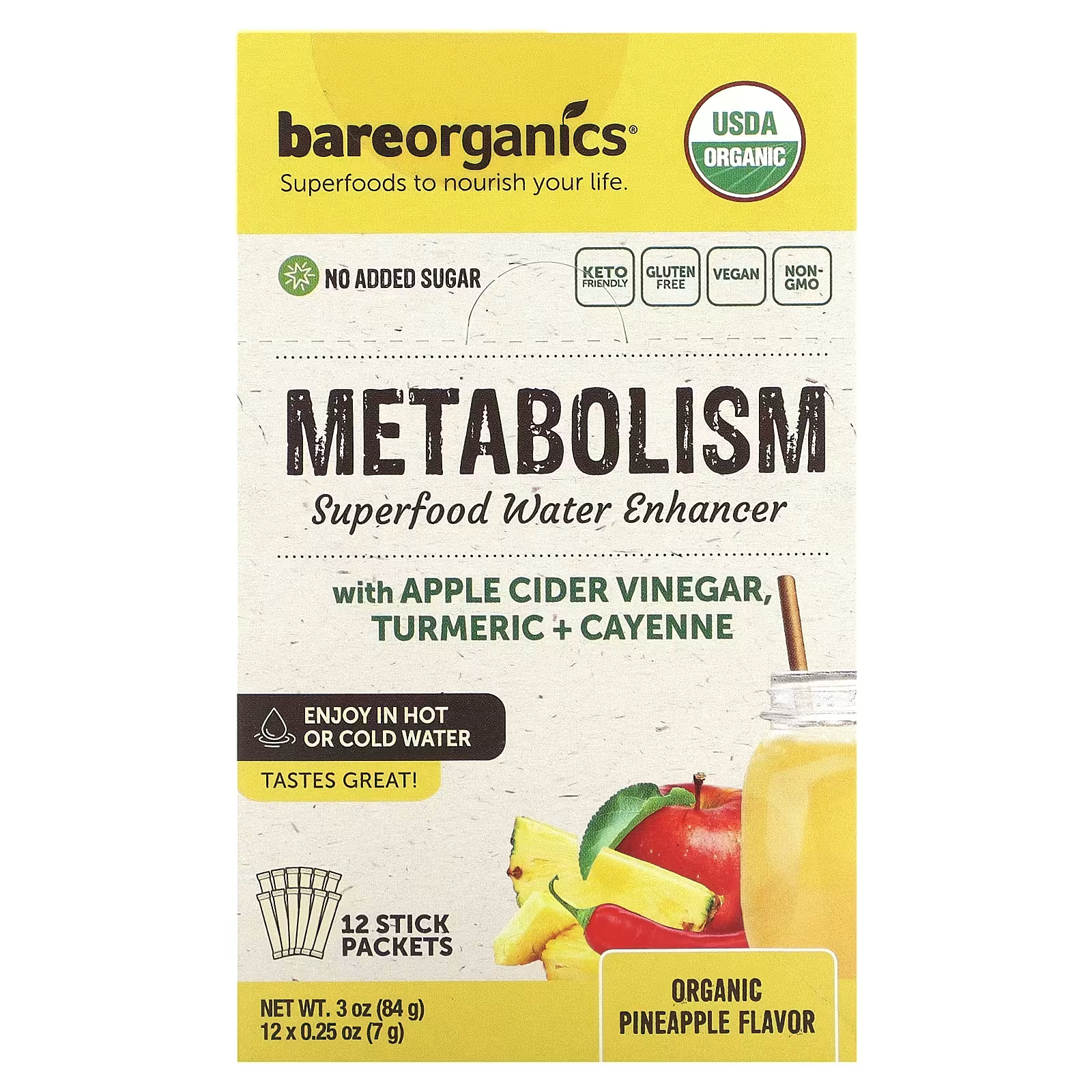 Органический ананас BareOrganics Metabolism Superfood Water Enhancer, 12 пакетиков-стиков