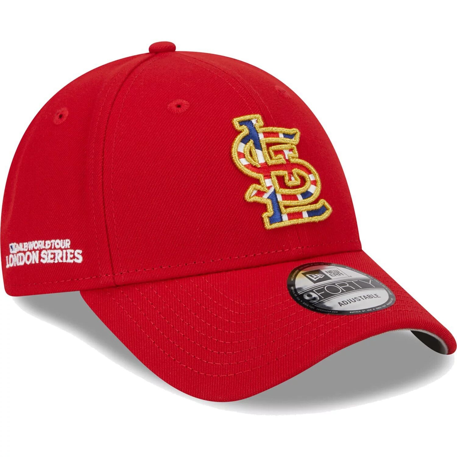 

Мужская регулируемая кепка New Era Red St. Louis Cardinals 2023 MLB World Tour: London Series с флагом и наполнением 9FORTY
