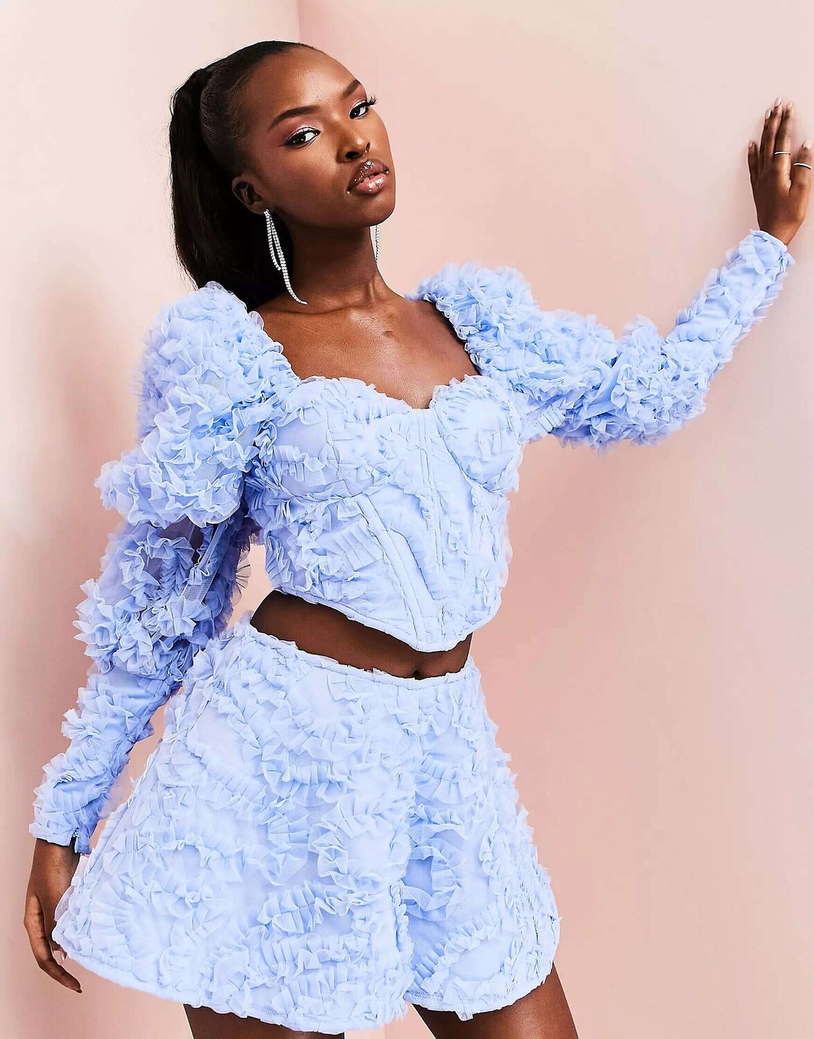 

Синий корсетный топ из 3D кружева ASOS LUXE с пышными рукавами