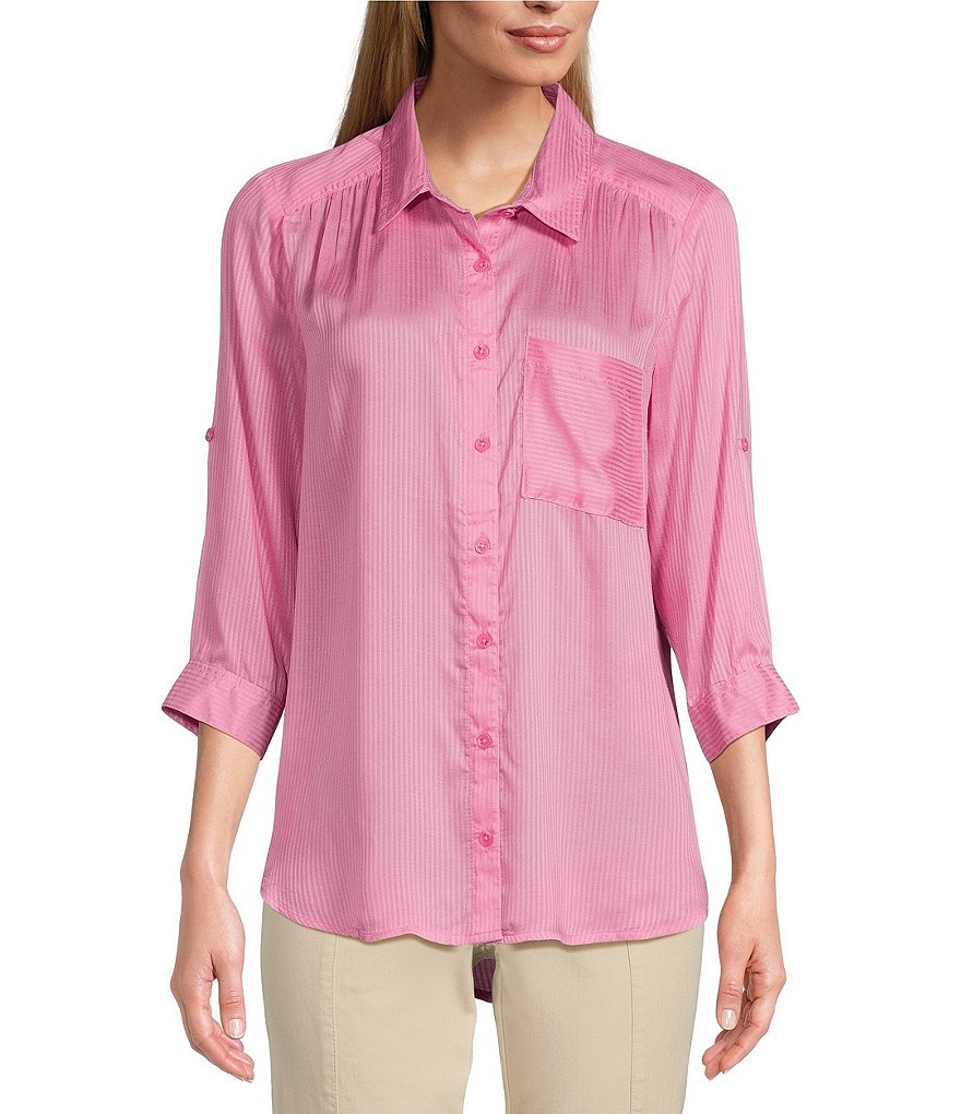 Рубашка на пуговицах спереди с высоким и низким подолом, тканый однотонный полосатый воротник с закругленными язычками и рукавами 3/4 Intro, розовый