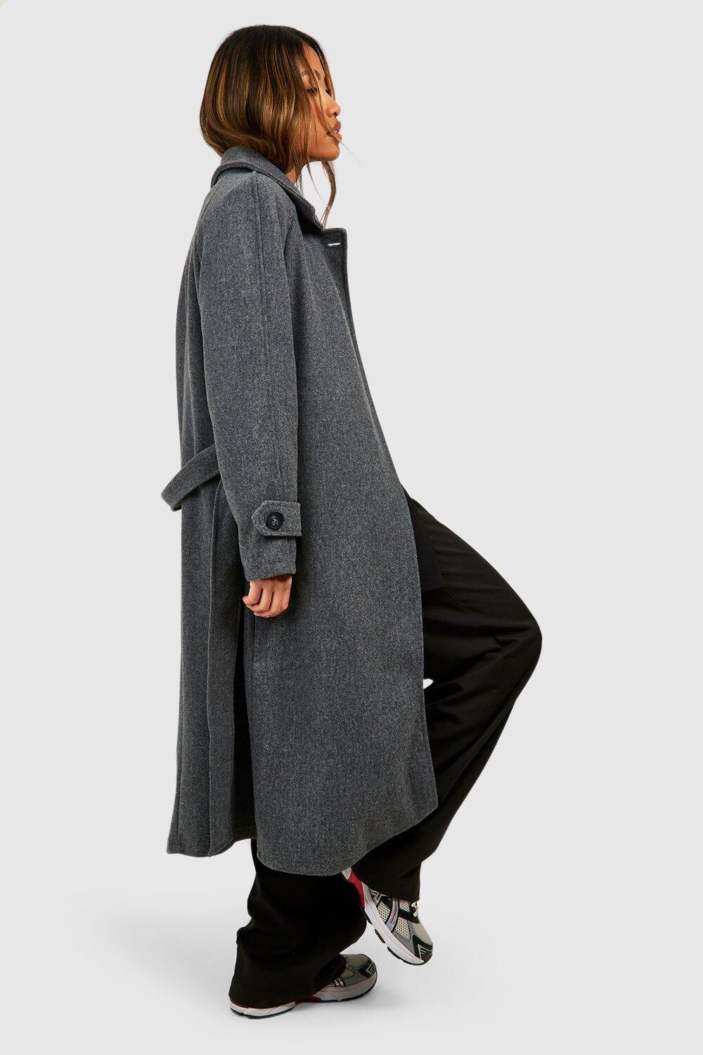 

Шерстяное пальто с воротником и поясом boohoo, серый