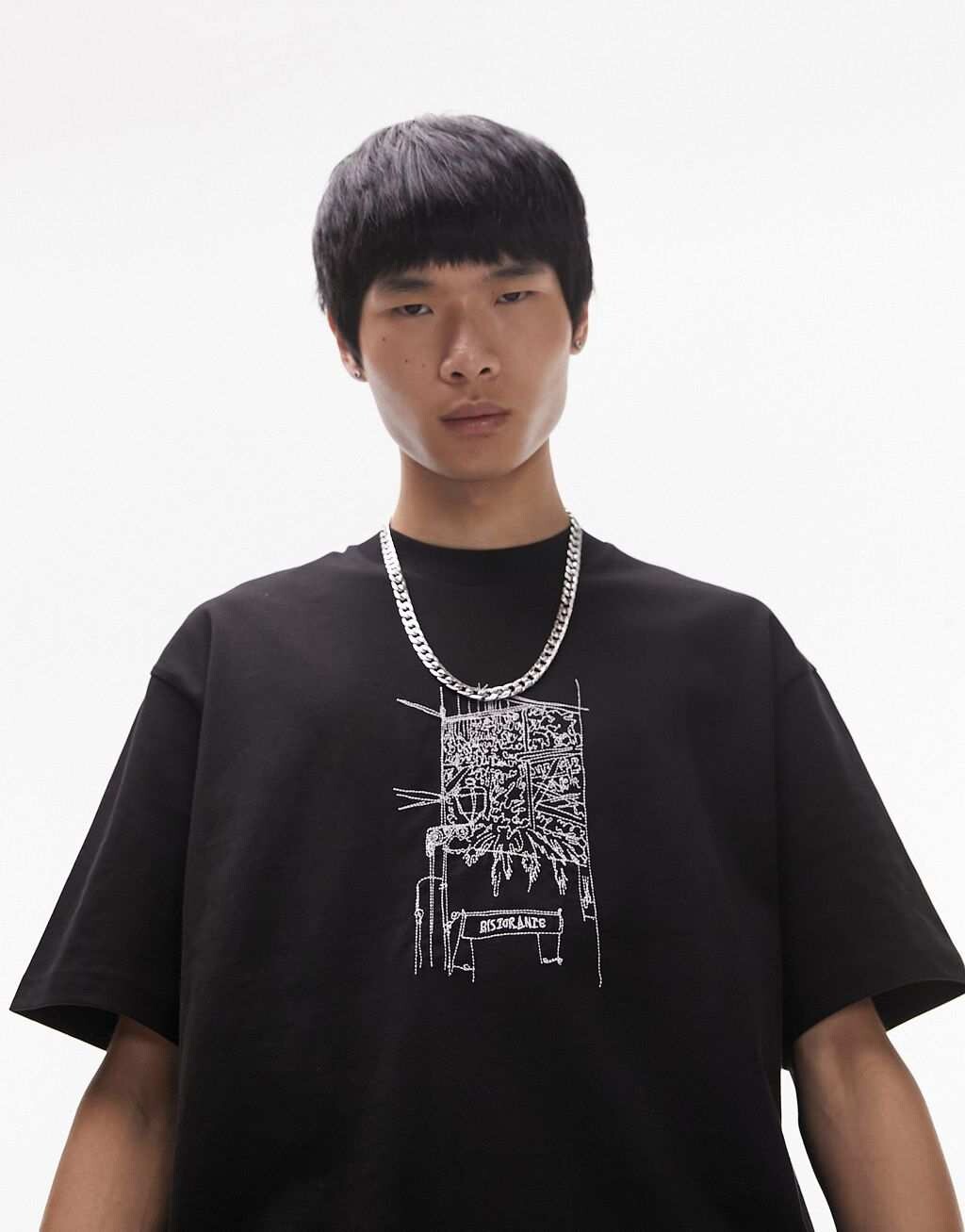 

Черная футболка оверсайз с вышитым эскизом Topman