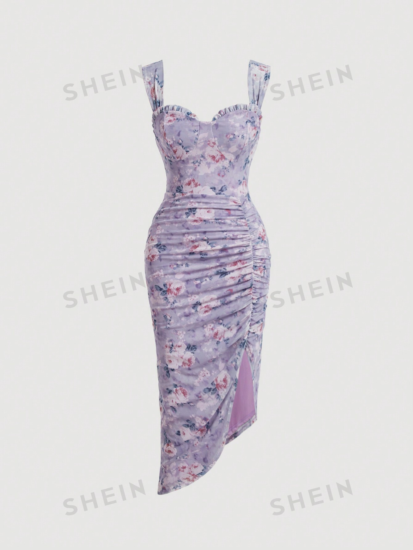 цена SHEIN MOD Женское плиссированное платье макси с разрезом спереди и цветочным принтом, сиреневый фиолетовый