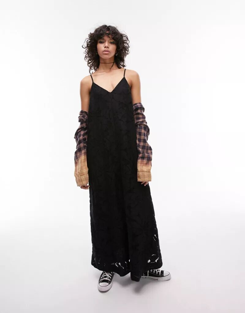 

Черное кружевное платье макси без шнуровки Topshop