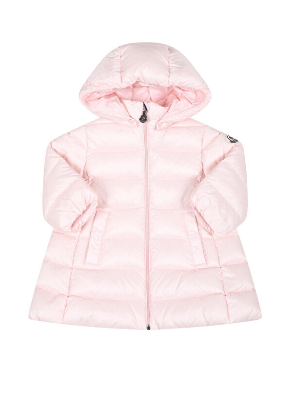

Розовое пальто с капюшоном и логотипом для девочек Moncler