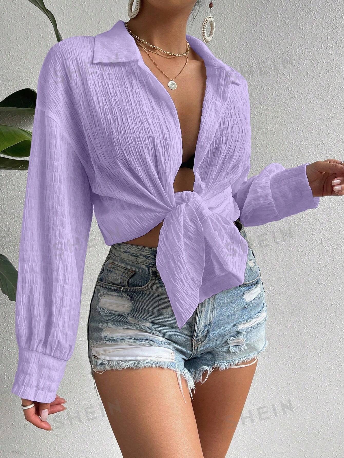 SHEIN Essnce однотонная фактурная рубашка свободного кроя с заниженными плечами, сиреневый фиолетовый рубашка с заниженными плечами и воротником 70 21 белый