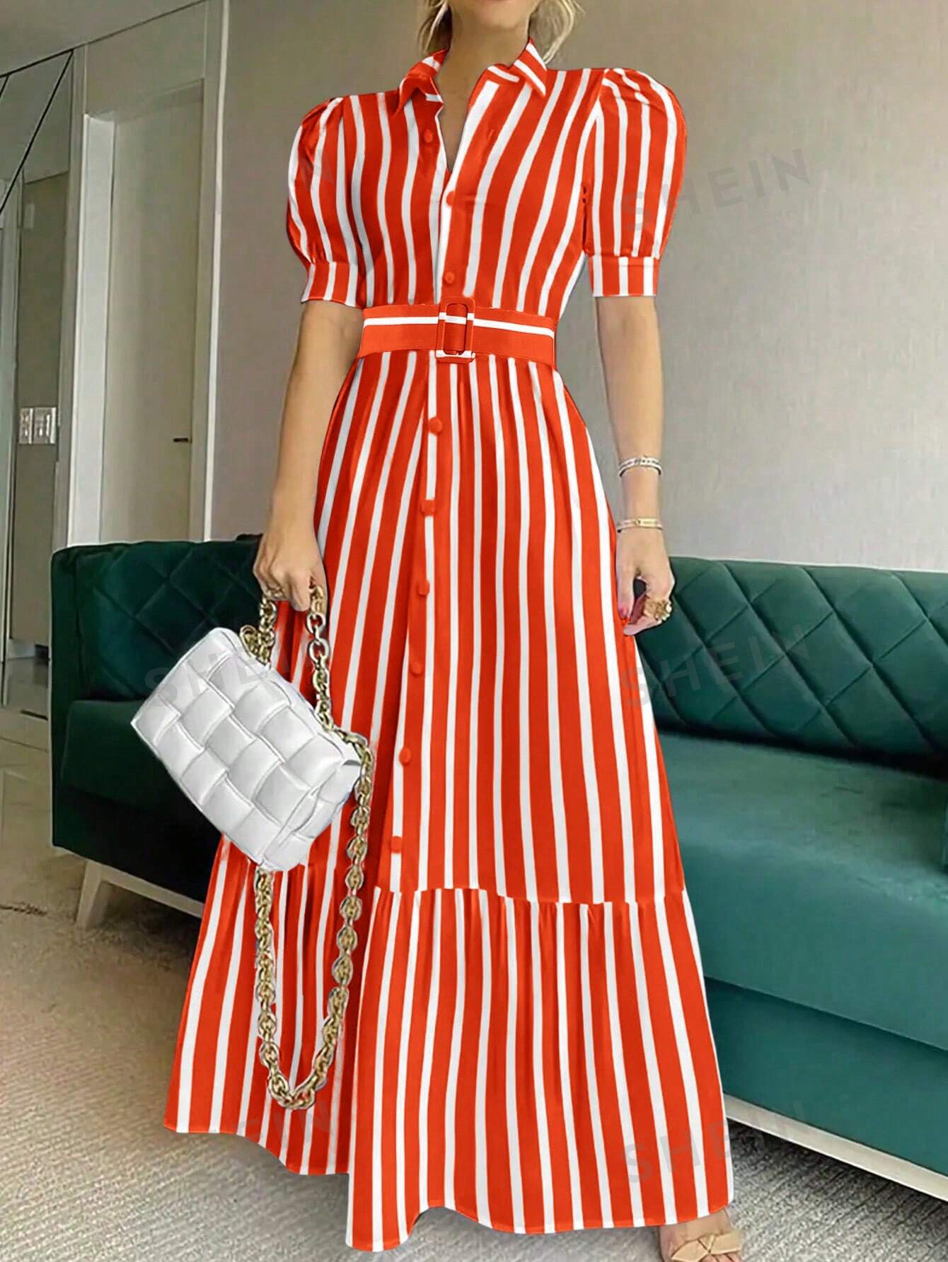 SHEIN Privé Платье-рубашка в полоску с объемными рукавами и поясом, жженый апельсин