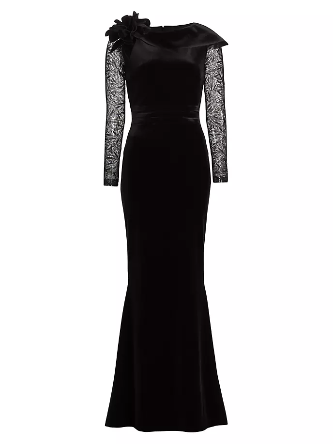 Платье Fudo из бархата и кружева с прозрачными рукавами и цветочной аппликацией Chiara Boni La Petite Robe, черный