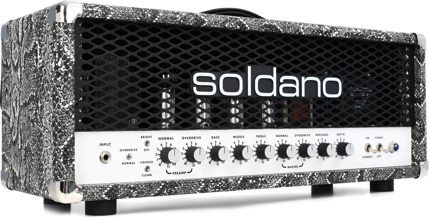 

Soldano SLO-100 Super Lead Overdrive 100-ваттная ламповая головка — змеиная кожа с металлической решеткой