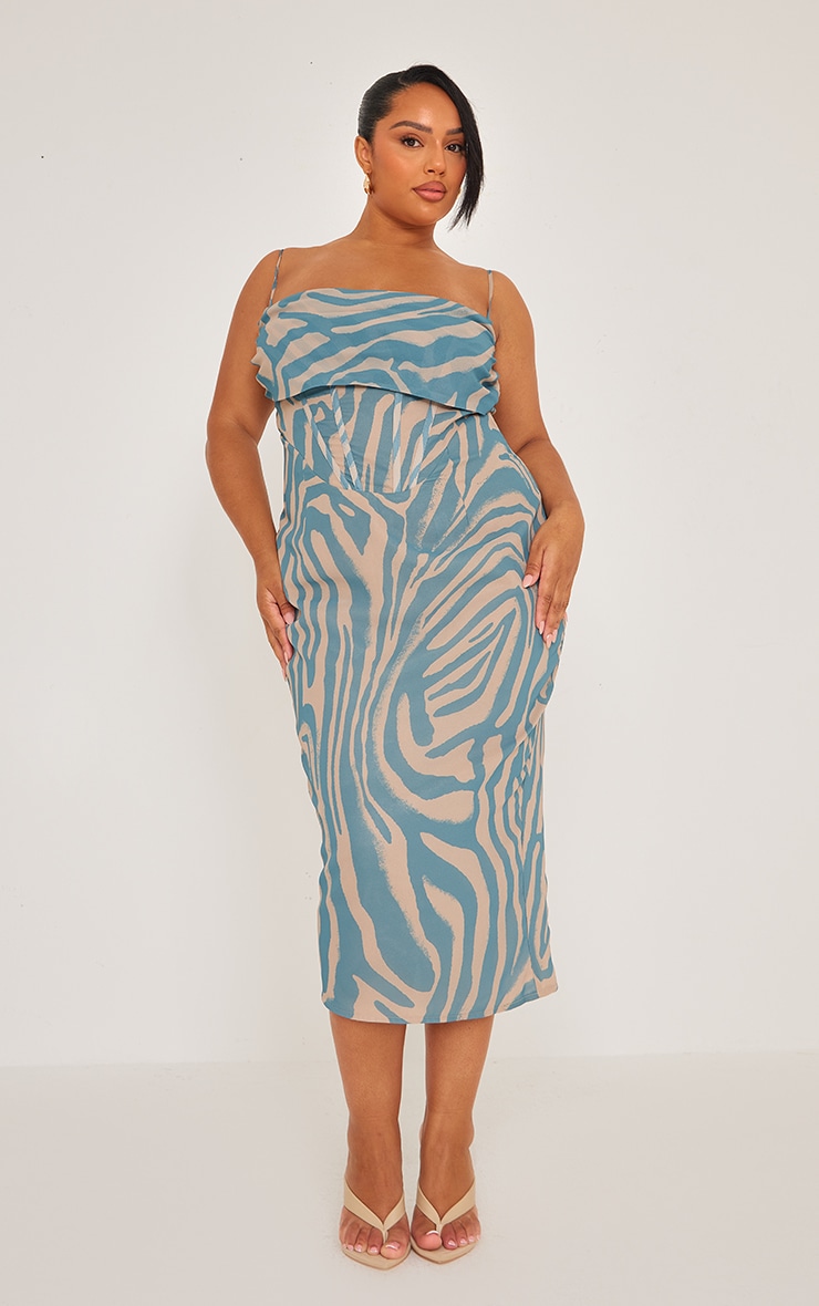 PrettyLittleThing Шифоновое платье миди с драпировкой и пыльно-синим тигровым принтом подвеска с тигровым глазом ромб