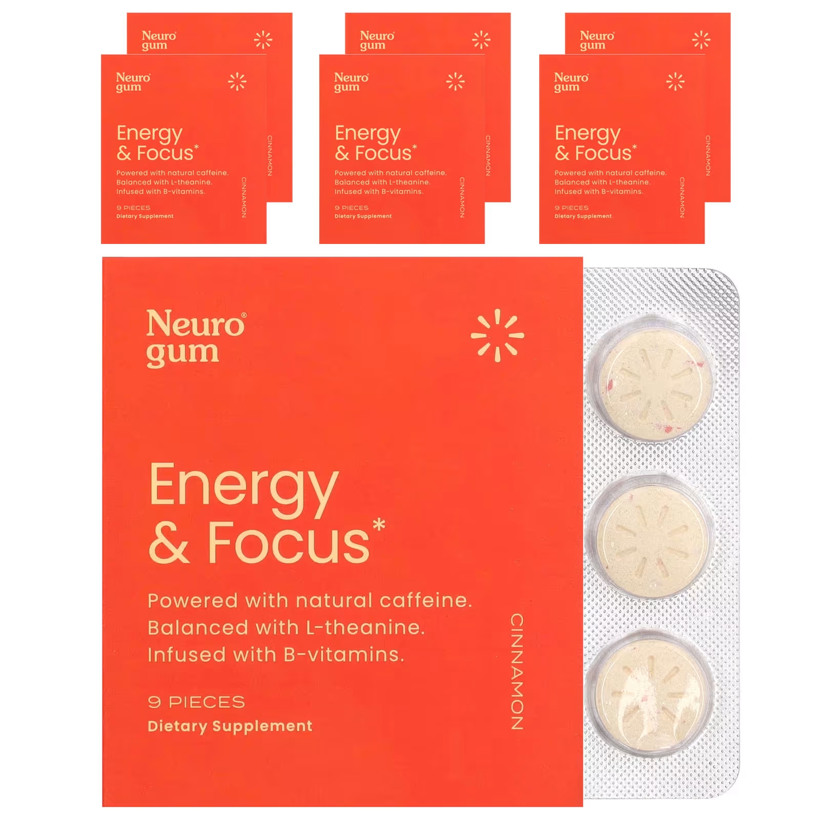 Пищевая добавка NeuroGum Energy & Focus Cinnamon без глютена, 6 упаковок по 9 штук в каждой