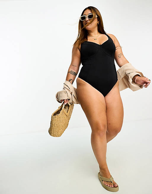 

Черный контурный купальник на косточках ASOS DESIGN Curve