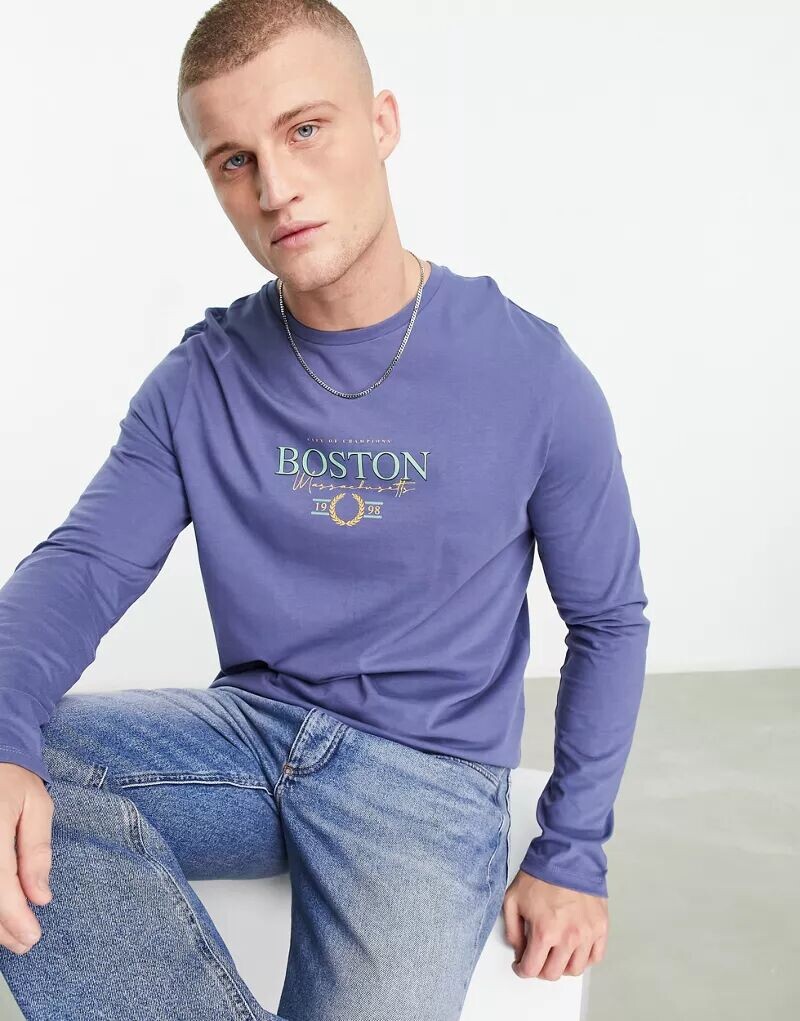 

Темно-синяя футболка с длинными рукавами и принтом Boston ASOS