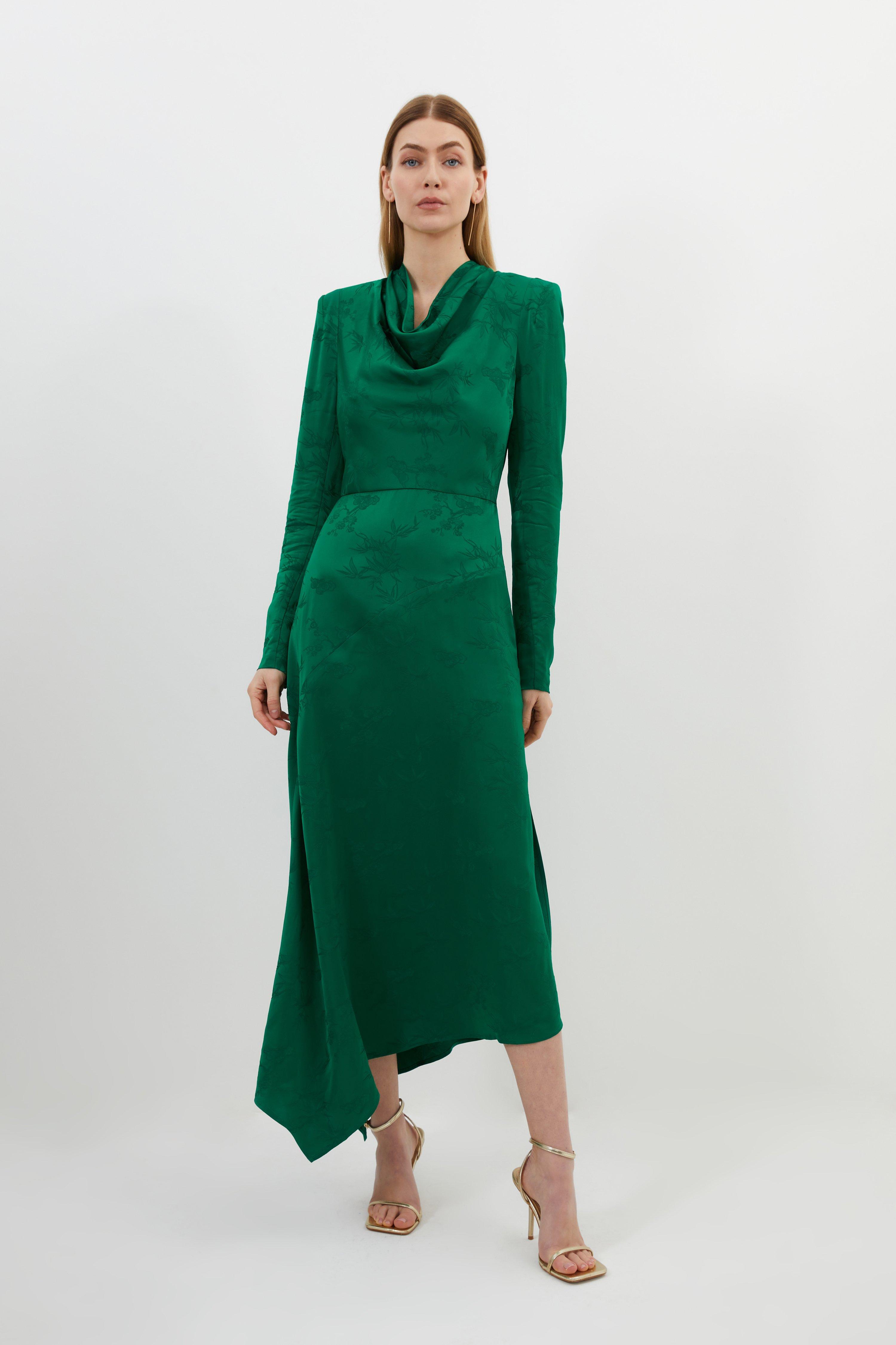 цена Тканое платье миди высокого качества с жаккардовым воротником и длинными рукавами премиум-класса Karen Millen, зеленый