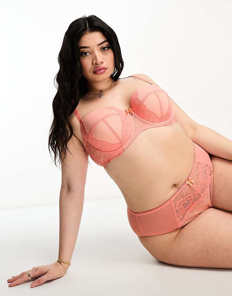 

Ivory Rose Curve – Бюстгальтер-балконет из кораллового геометрического рисунка и кружева, размер G