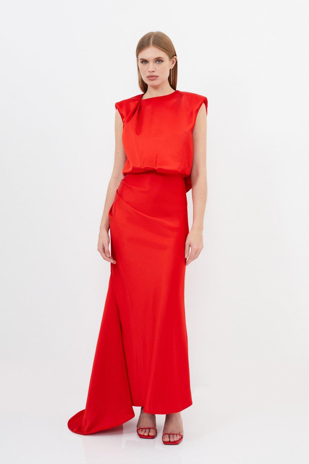 Миниатюрное атласное тканое платье макси с драпировкой Karen Millen, красный фотографии