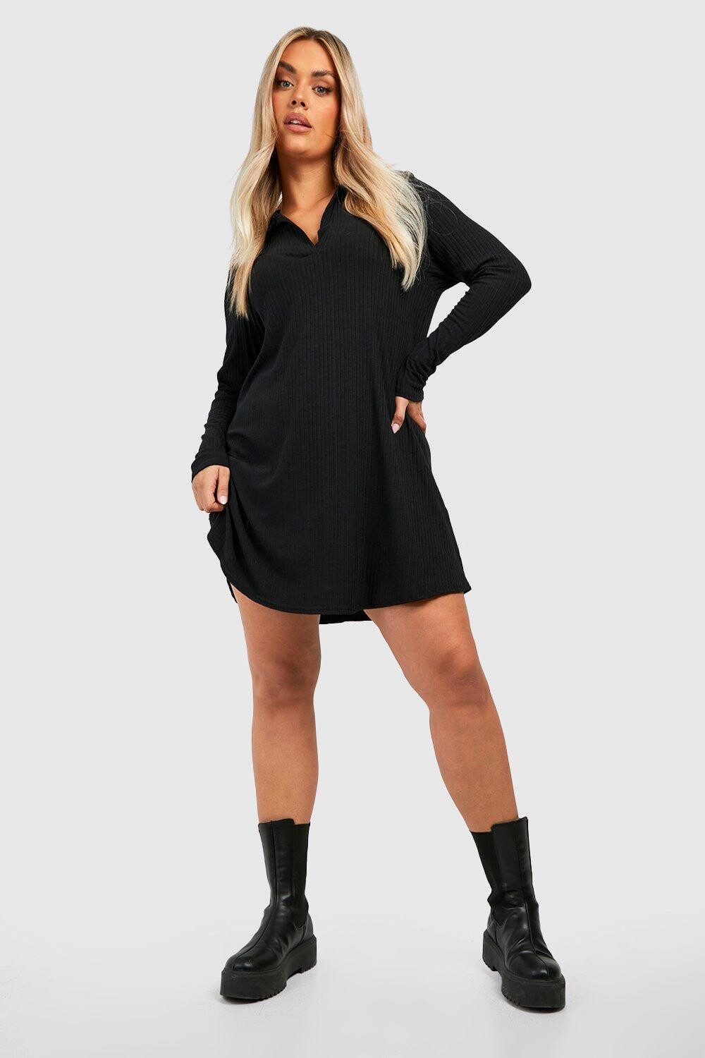 

Платье с мягким воротником в ребку Boohoo, черный
