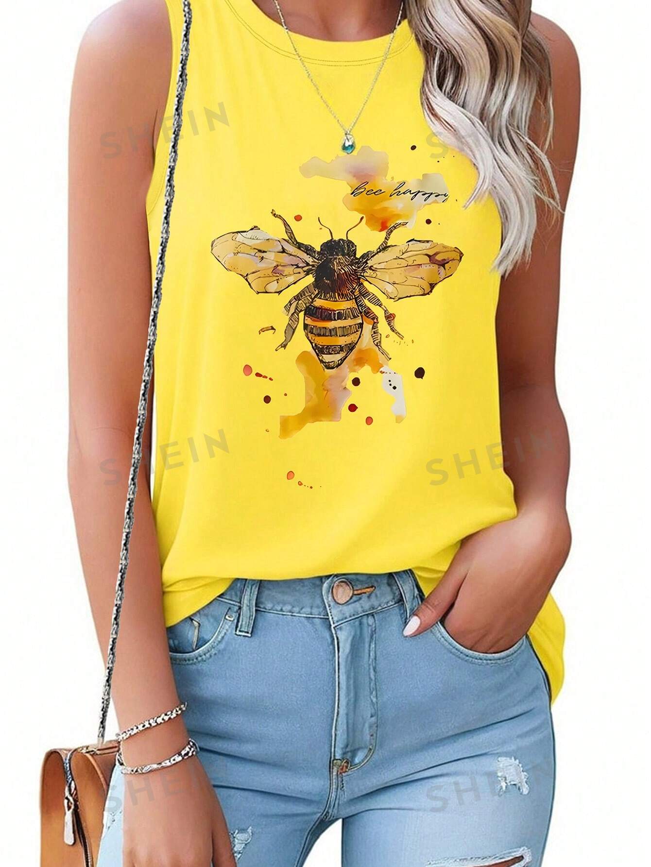 SHEIN LUNE Женская майка с принтом пчел и букв, желтый футболка женская оверсайз с графическим принтом модный топ без рукавов бандажный топ с круглым вырезом уличная одежда 2022