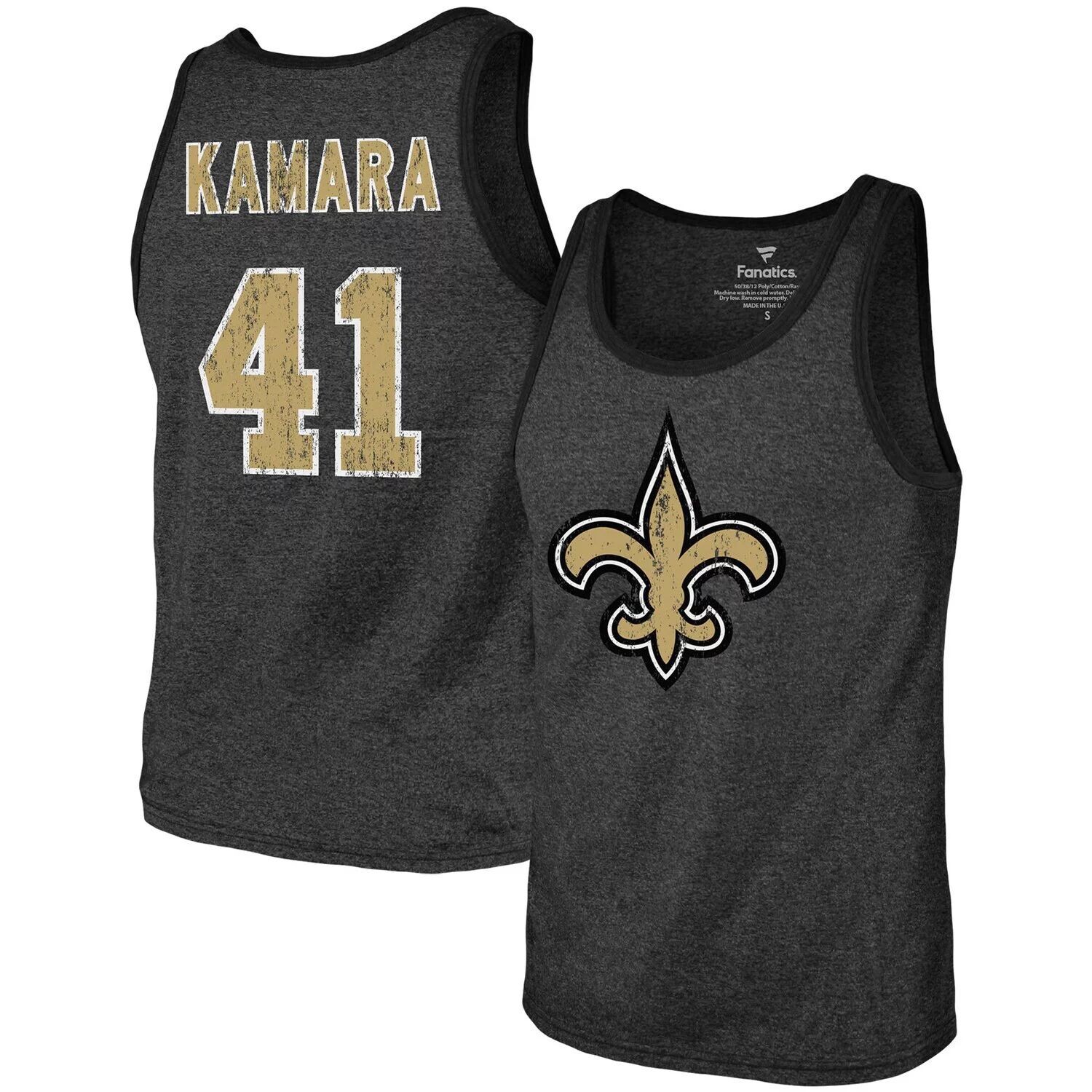 

Мужская черная майка Majestic Threads Alvin Kamara Heathered New Orleans Saints с именем и номером из три-смеси