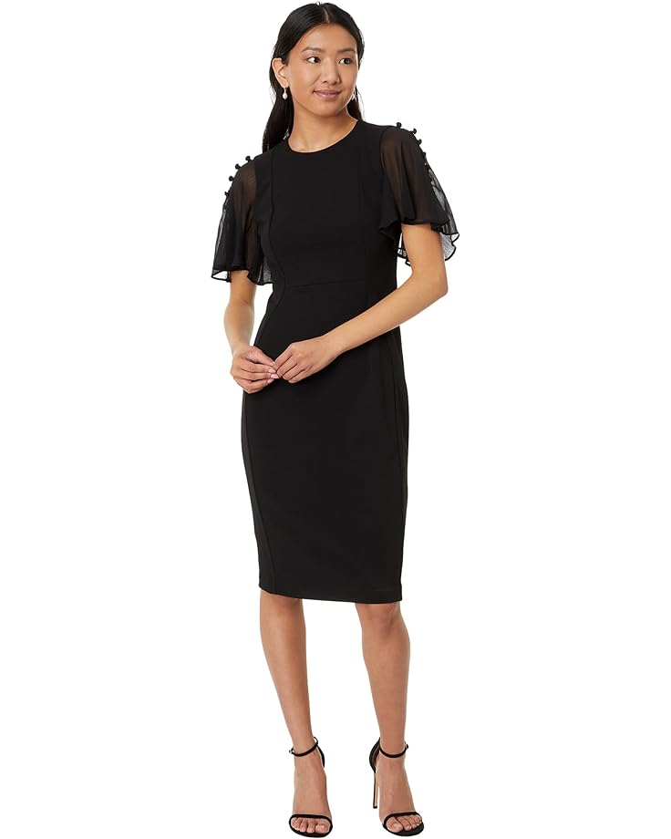Платье Calvin Klein Short Scuba Crepe Sheath with Chiffon Flutter Sleeve, черный