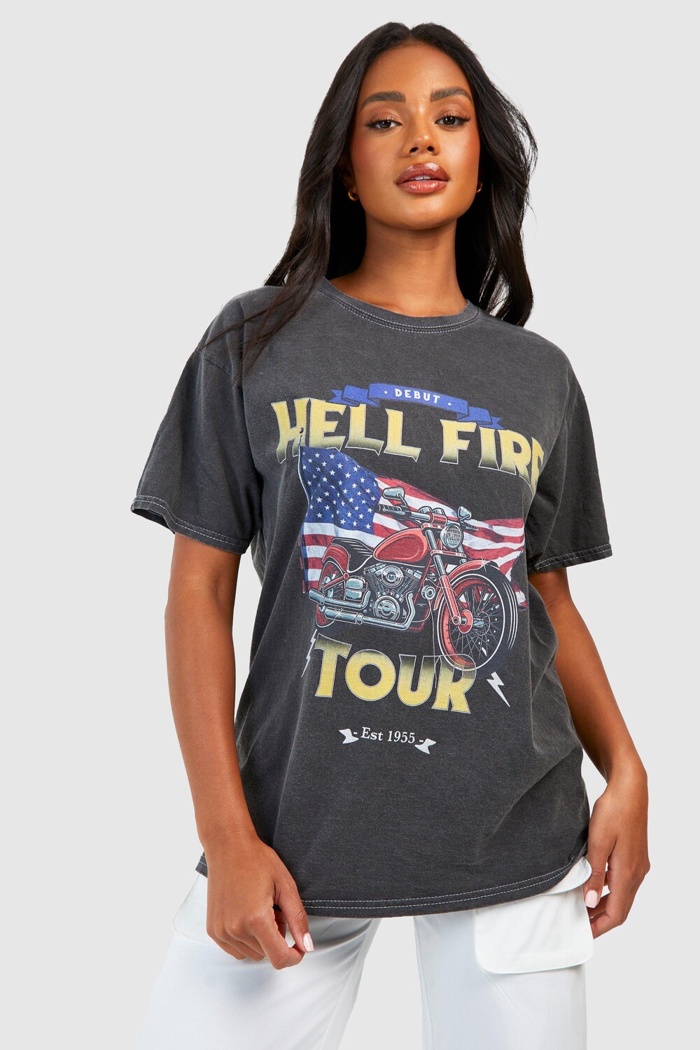 

Футболка оверсайз с принтом acid wash hell fire Boohoo, угольный