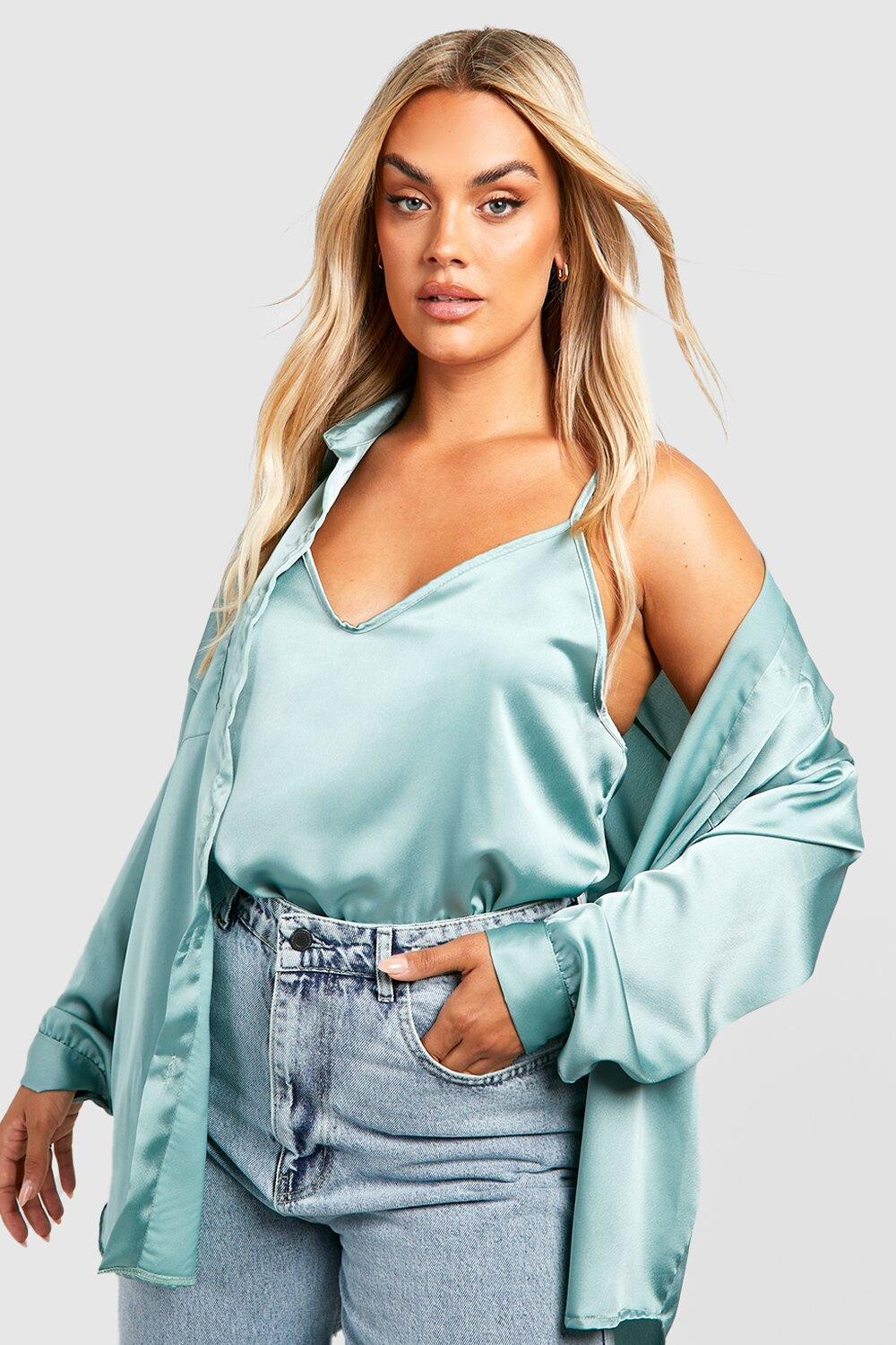 

атласный комплект тайка и рубашка Boohoo, шалфей