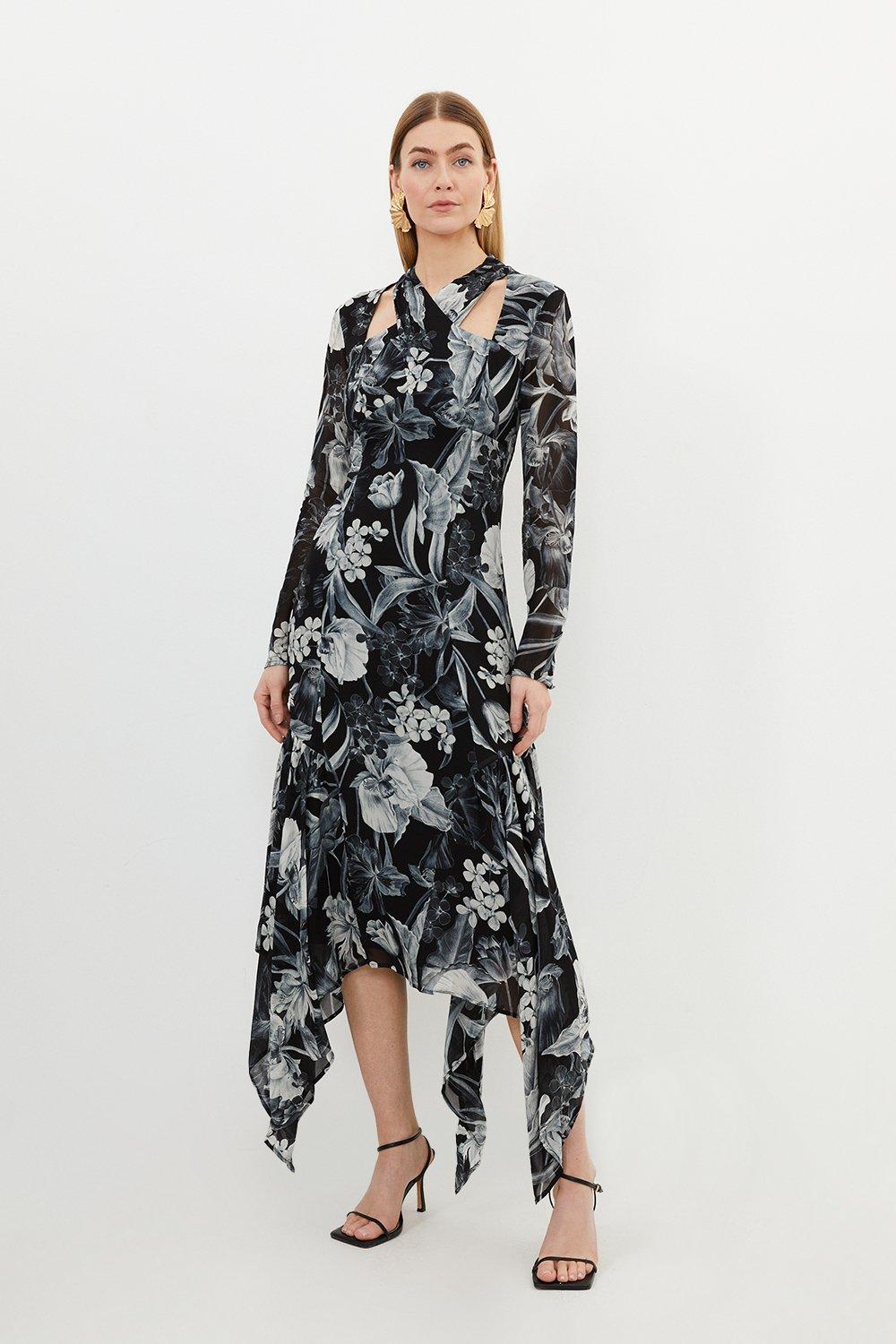 Платье макси из вискозного жоржета с моно цветочным принтом Karen Millen, черный платье макси с цветочным принтом больших размеров r
