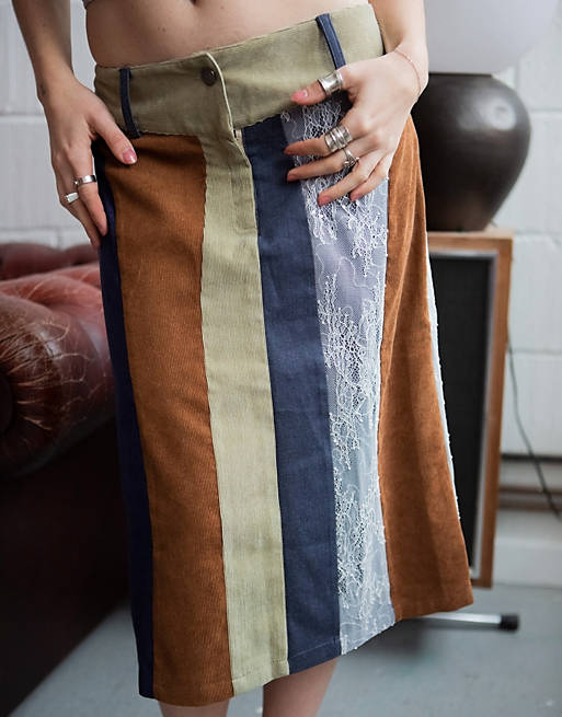 цена Разноцветная вельветовая юбка нестандартной длины в стиле пэчворк Labelrail x Lara Adkins