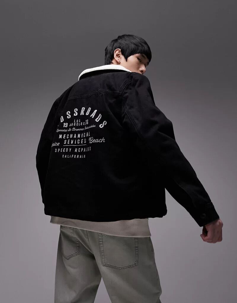 

Черная джинсовая куртка Topman с плюшевым меховым воротником и вышивкой