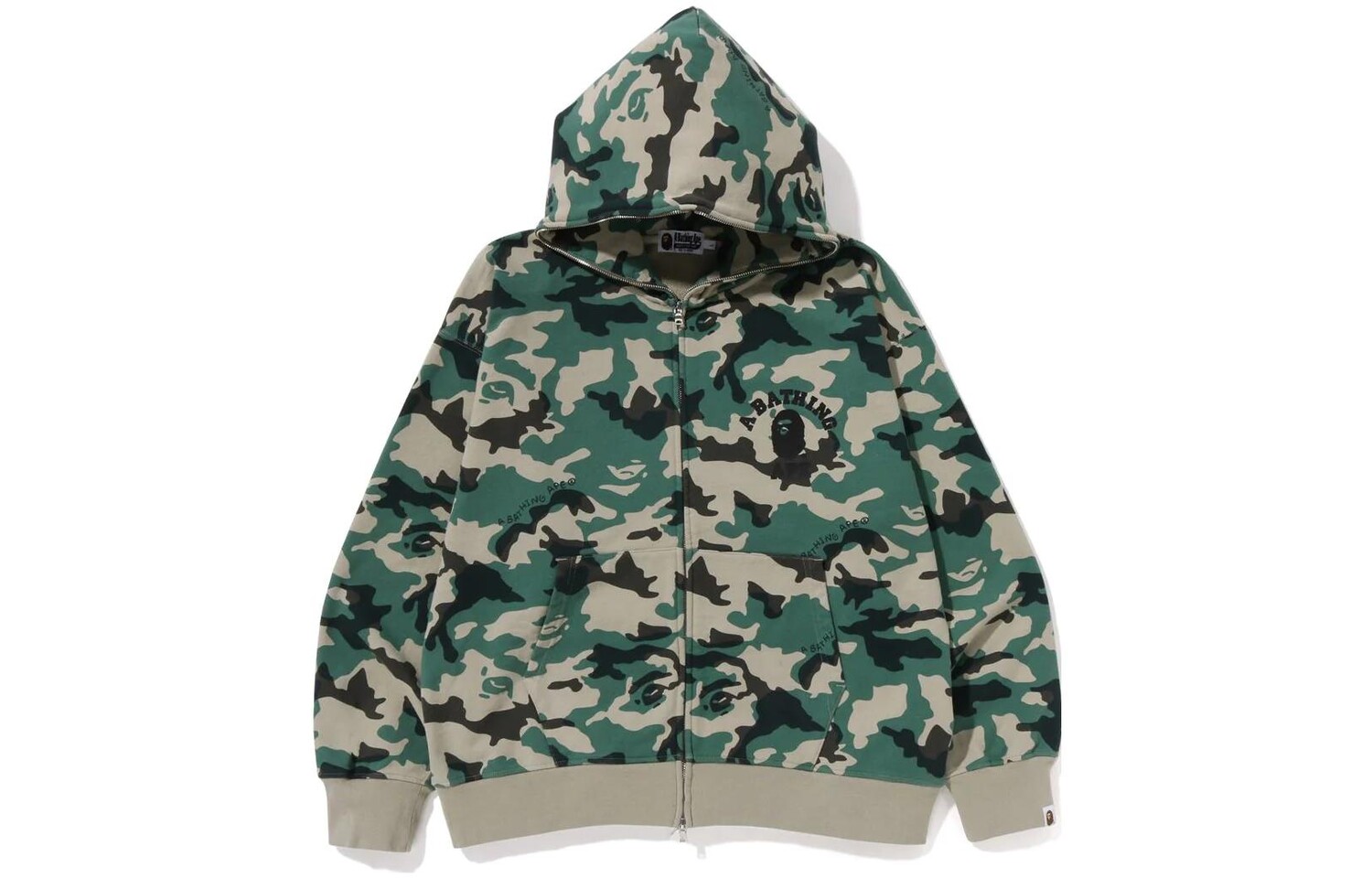 

Толстовка свободного кроя с капюшоном BAPE Woodland Camo на молнии A Bathing Ape, оливково-зеленый
