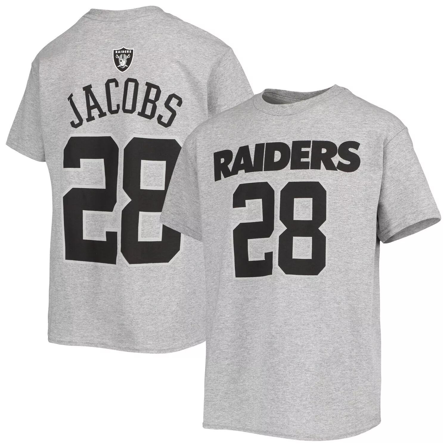 

Молодежная серая футболка с именем и номером игрока Josh Jacobs Las Vegas Raiders Mainliner Outerstuff