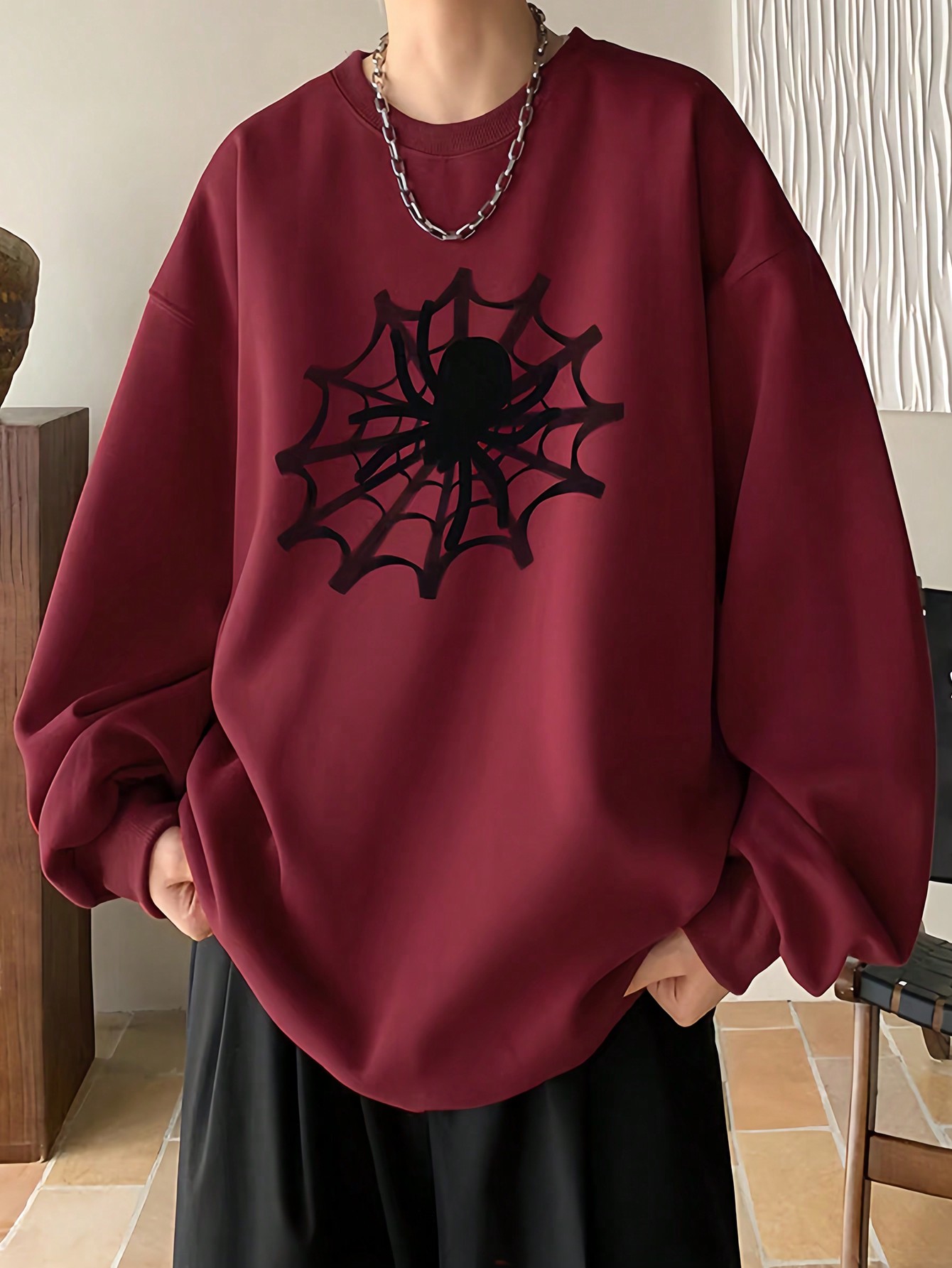 Manfinity EMRG Мужской пуловер свободного кроя с принтом паутины и заниженными плечами, бургундия