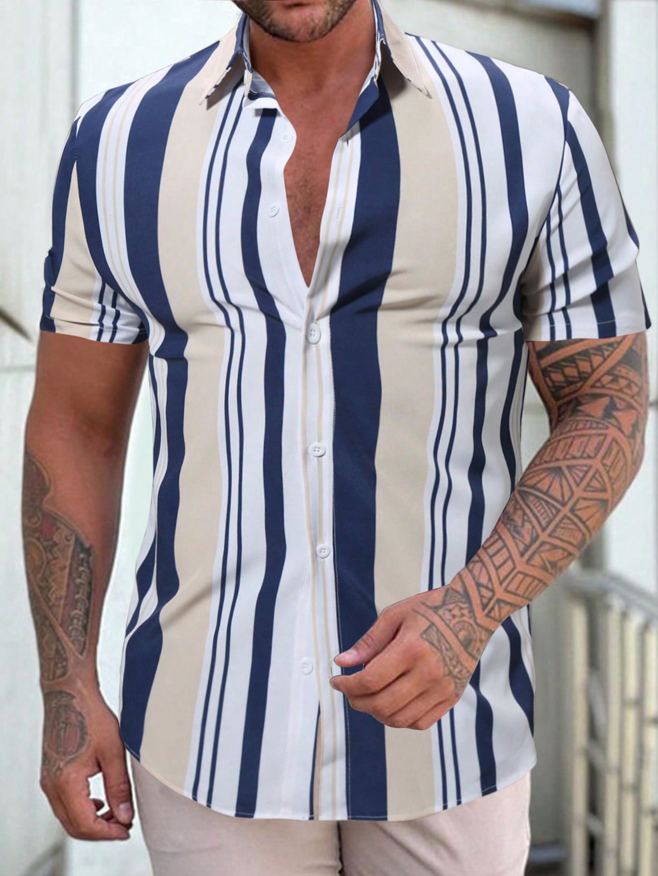 Мужская рубашка в полоску с коротким рукавом Manfinity Homme, синий полосатая рубашка женская летняя новая модная брендовая шифоновая рубашка с коротким рукавом свободная и тонкая клетчатая рубашка мален