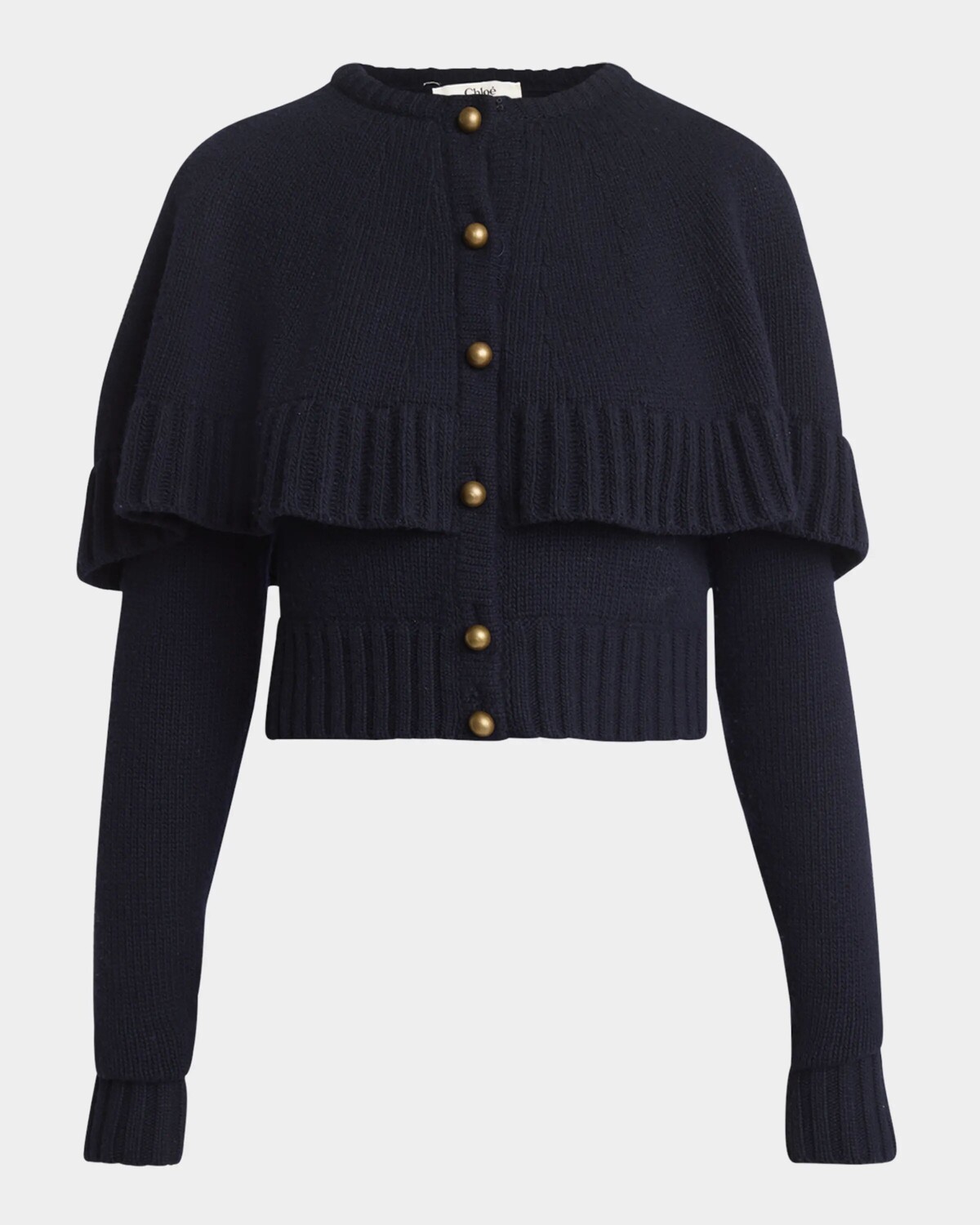

Шерстяной кашемировый кардиган с рюшами Chloe, цвет Classic Navy