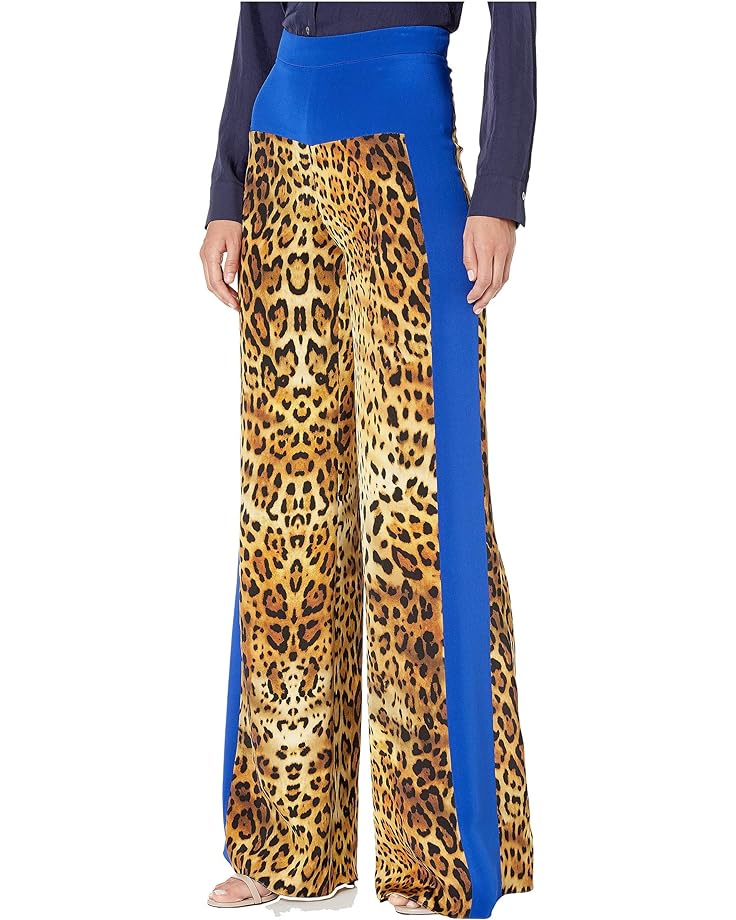 Брюки Cushnie High-Waisted Wide Leg Pants w/ Geometric Panel, цвет Tan Leopard/Indigo