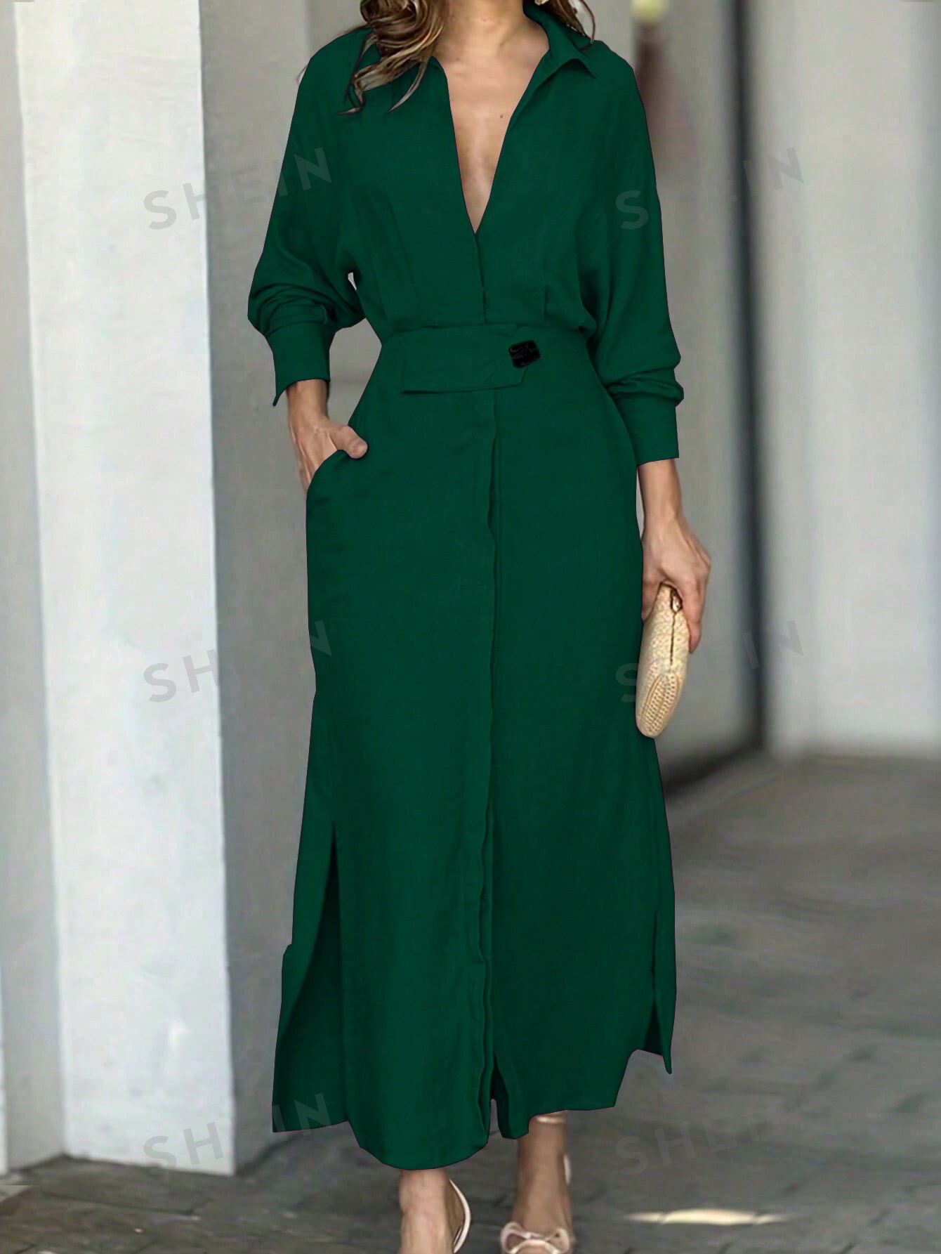 SHEIN Privé Однотонное платье макси с v-образным вырезом, темно-зеленый