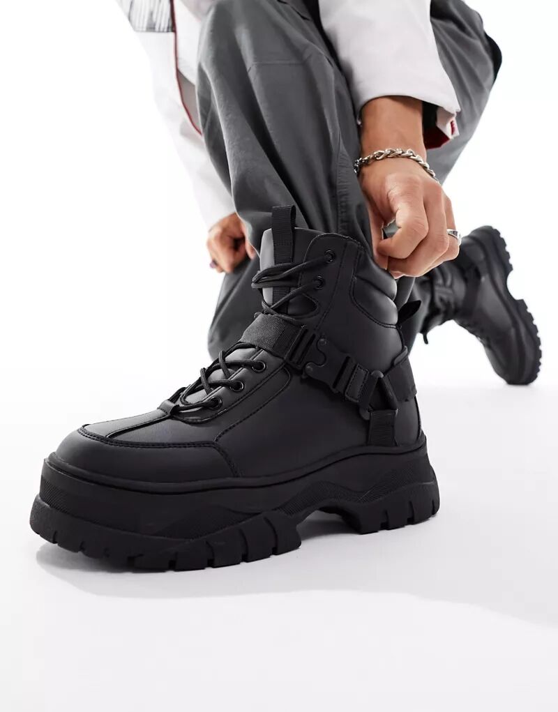 Черные ботинки на шнуровке из искусственной кожи на массивной подошве ASOS женские ботильоны из искусственной кожи черные короткие мотоциклетные ботинки на платформе на шнуровке в готическом стиле осень зима 2022
