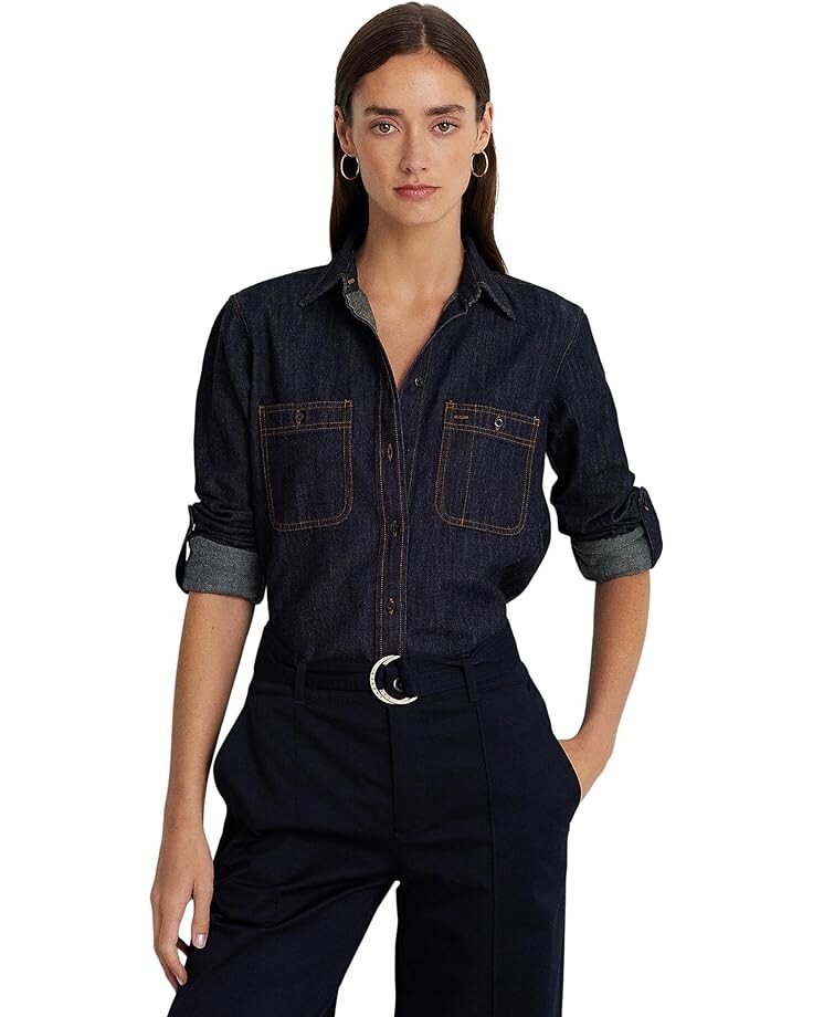 

Рубашка LAUREN Ralph Lauren Petite Striped Cotton Shirt, цвет Dark Rinse Wash