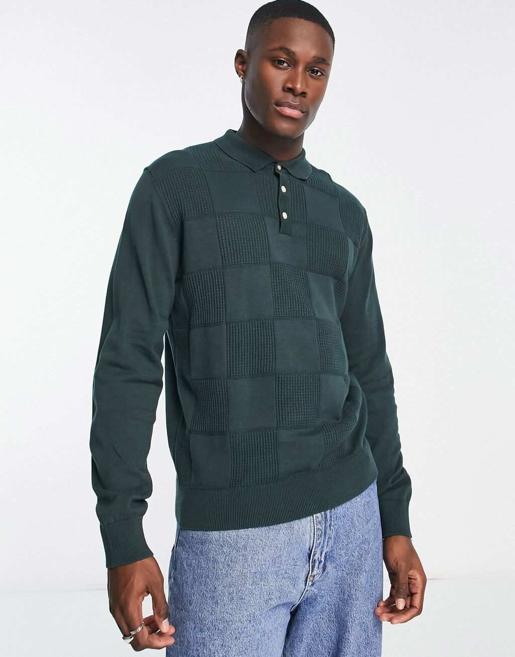 

Темно-зеленый фактурный вязаный джемпер-поло Jack & Jones Premium