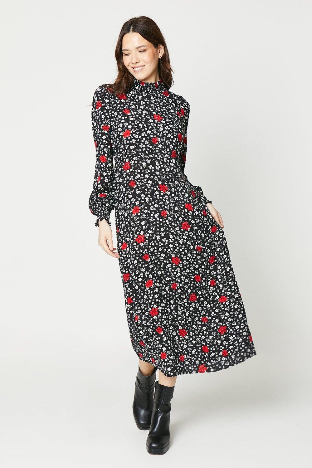 

Платье миди с присборенными манжетами и цветочным принтом Dorothy Perkins, мультиколор