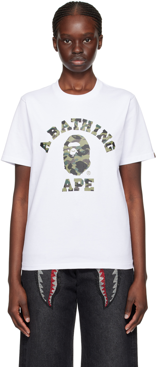 

Белая футболка колледжа с камуфляжем 1st Bape, цвет White/Green