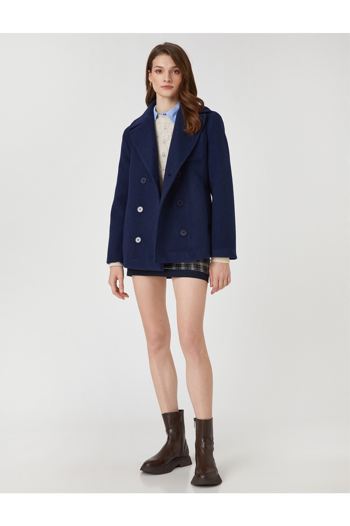 Двубортное короткое шерстяное пальто Koton, темно-синий