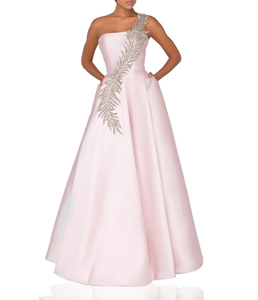 Terani Couture Бальное платье без рукавов на одно плечо с бретельками из бисера на спине, розовый